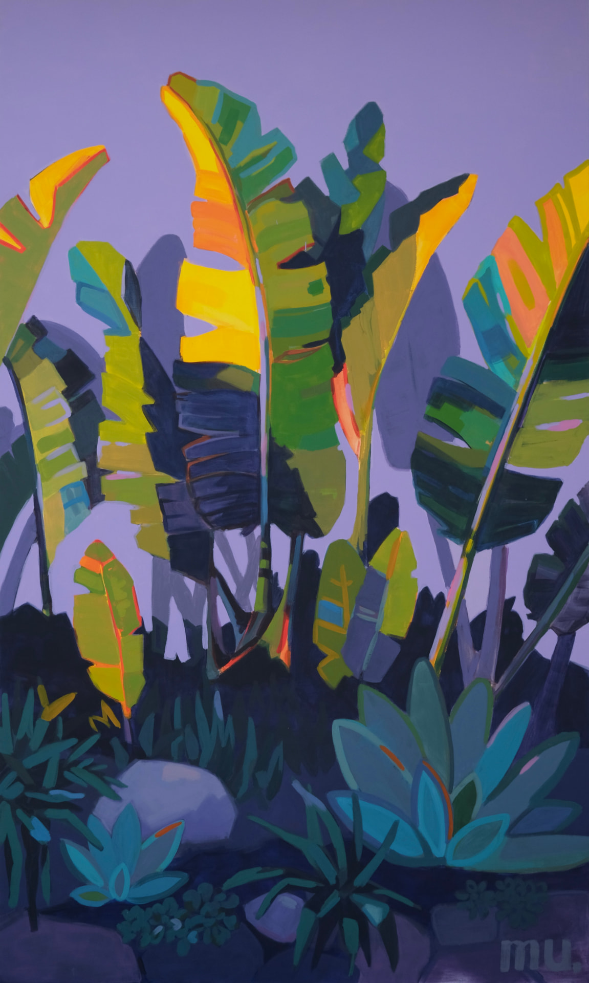 Yellow and green banana leaves against a purple sky, painted by Marta Ustīnova
