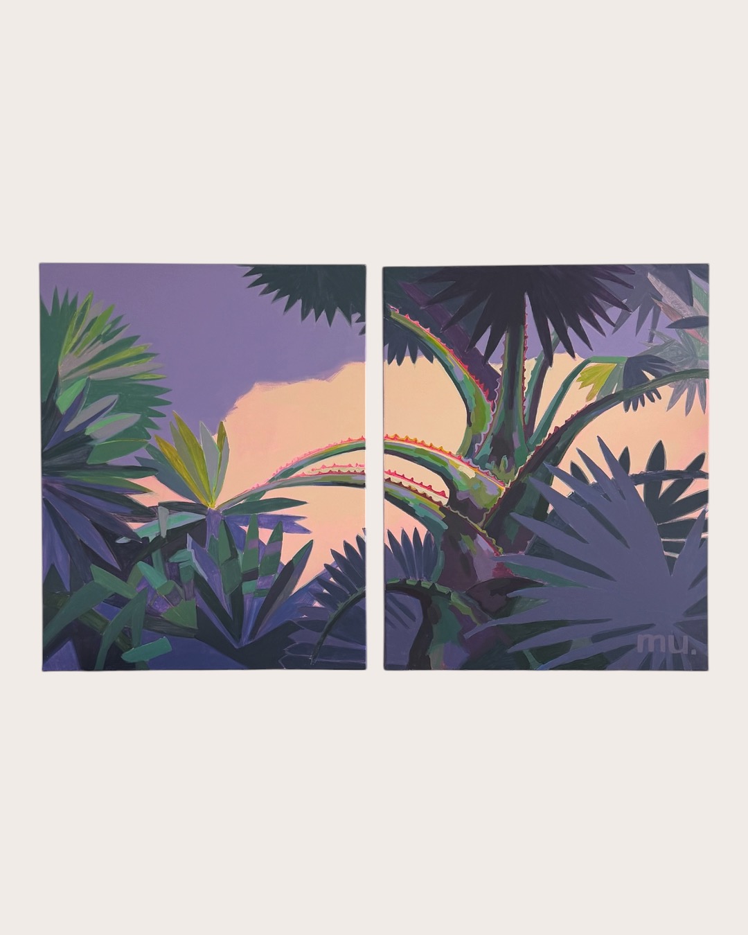 Two-panel painting of tropical plants against a peach and purple sky