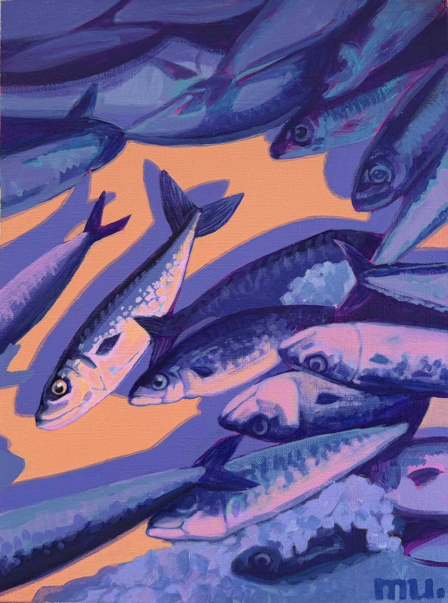Blue and purple fish against a peach background, painted by Marta Ustīnova