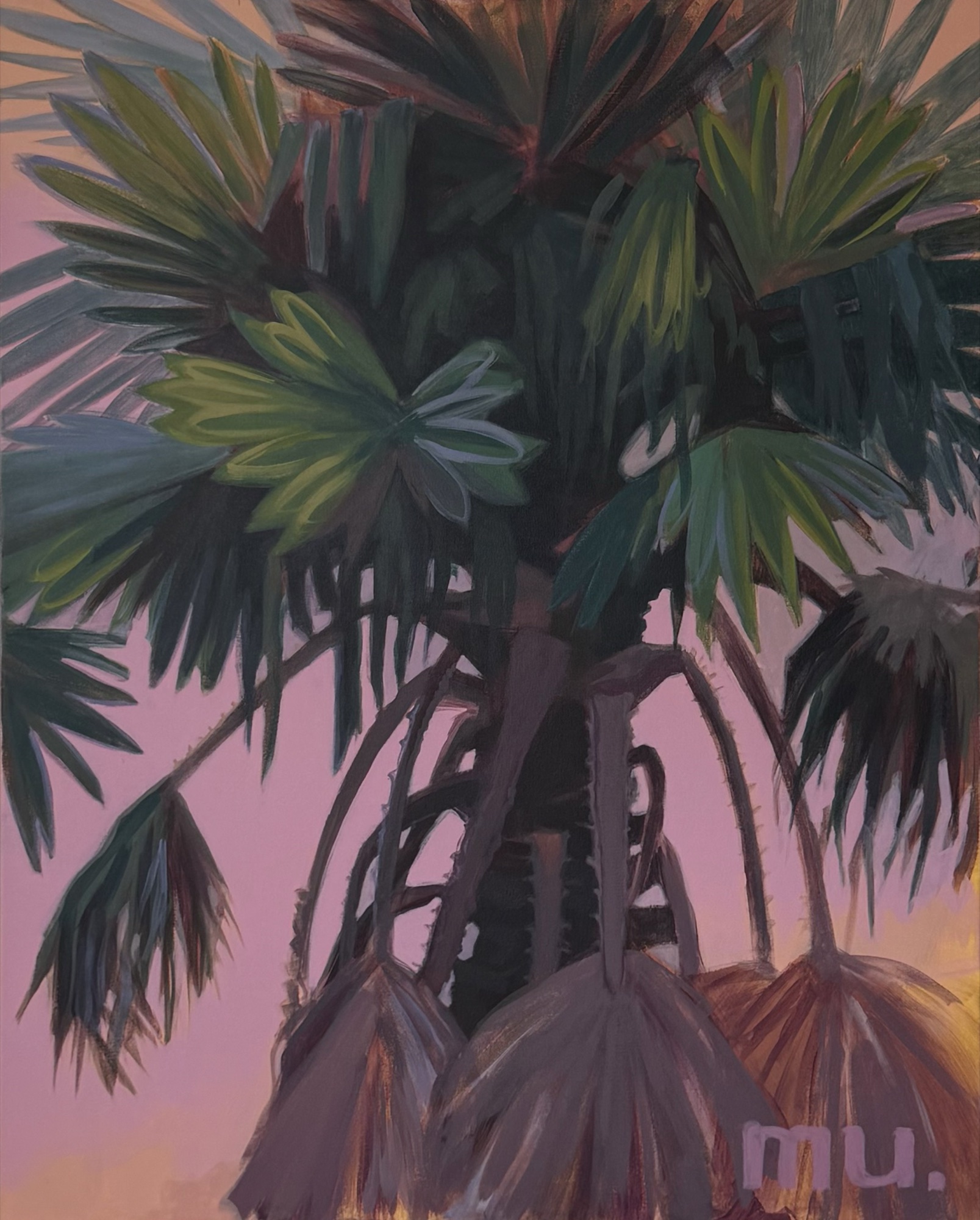 Green palm trees against a pink and peach sky, painted by Marta Ustīnova
